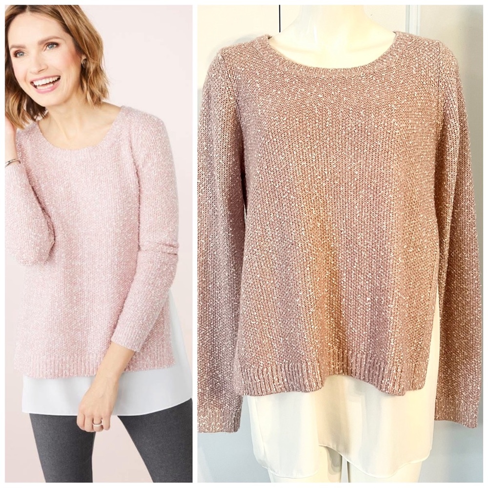 Camber & Grace Gorgeous Layered Knit Pink Sweater With Blouse Hem Size Large